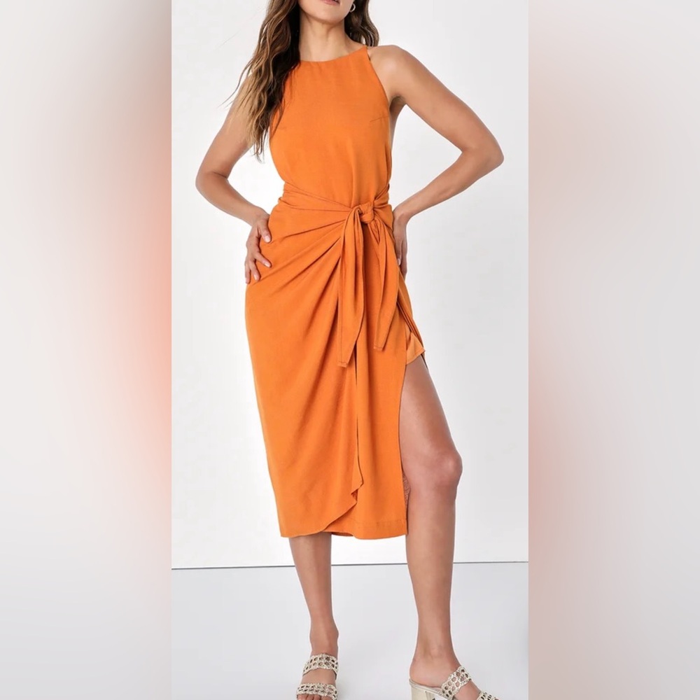 Lulus Malaga Moment Rust Orange Halter Faux Wrap Midi Dress